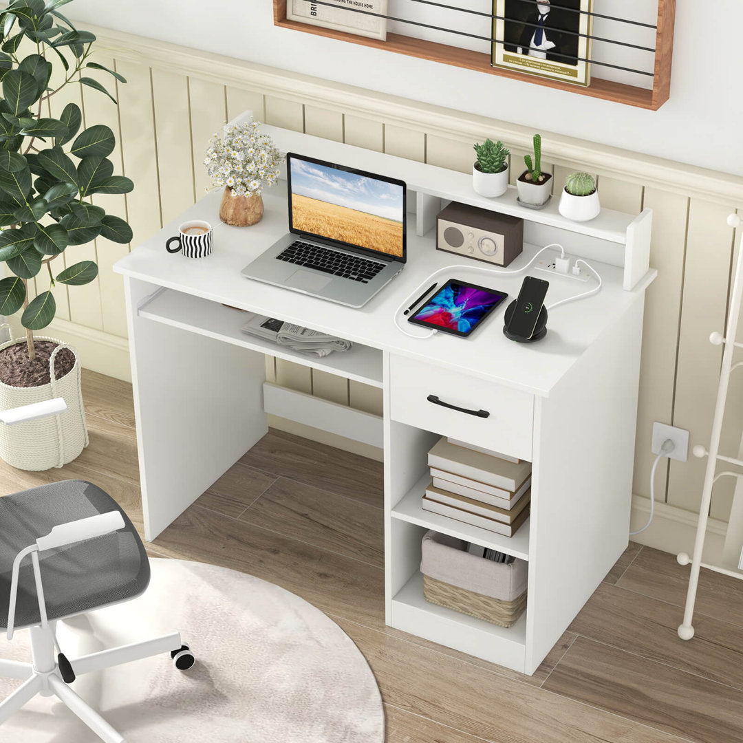 White Computer Desk With Charging Station Drawer Removable & Adjustable Shelf
